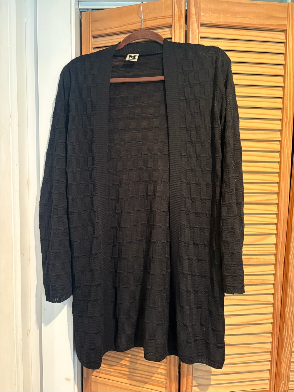 M Missoni Black Textured Knit Open Front Cardigan Sweater Duster Pointelle